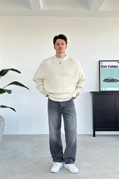 Krem Bisiklet Yaka Fitilli Oversize Triko Kazak