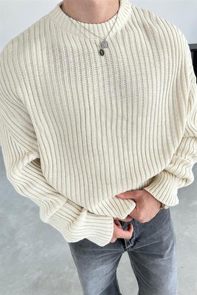 Krem Bisiklet Yaka Fitilli Oversize Triko Kazak