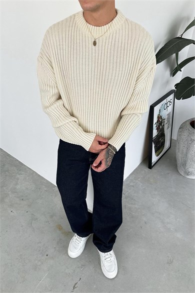 Krem Bisiklet Yaka Fitilli Oversize Triko Kazak