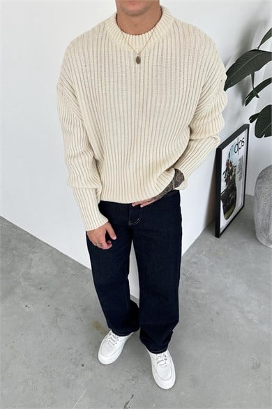 Krem Bisiklet Yaka Fitilli Oversize Triko Kazak