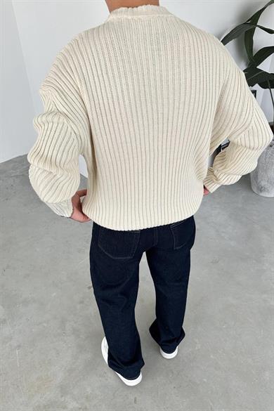 Krem Bisiklet Yaka Fitilli Oversize Triko Kazak