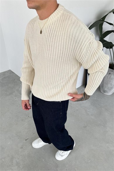 Krem Bisiklet Yaka Fitilli Oversize Triko Kazak