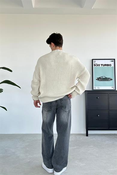 Krem Bisiklet Yaka Fitilli Oversize Triko Kazak
