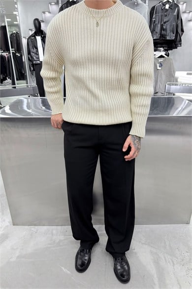 Krem Bisiklet Yaka Fitilli Oversize Triko Kazak