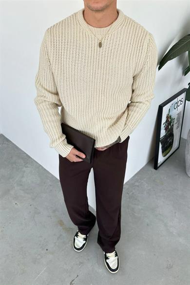 Krem Bisiklet Yaka Oversize Örgü Kazak