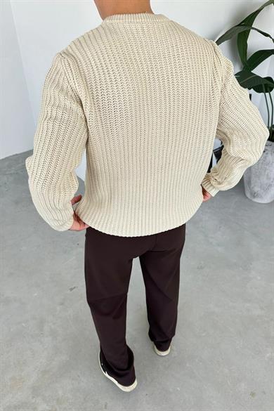 Krem Bisiklet Yaka Oversize Örgü Kazak