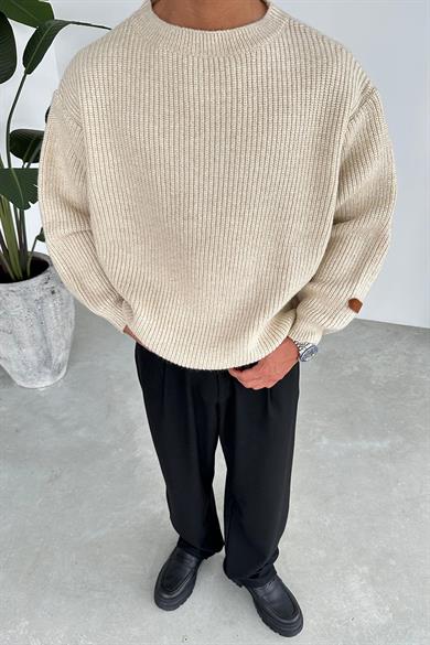 Krem Bisiklet Yaka Oversize Triko Kazak