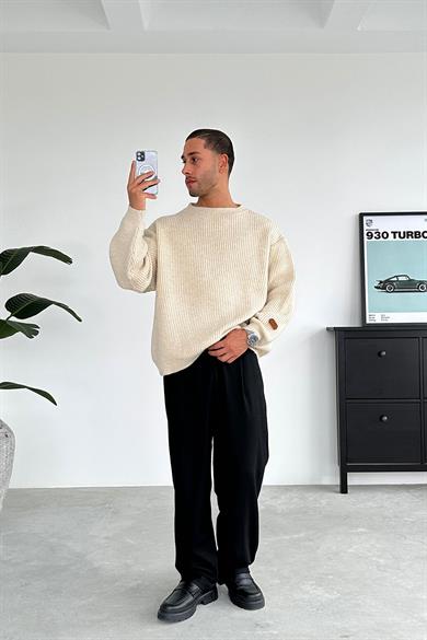Krem Bisiklet Yaka Oversize Triko Kazak