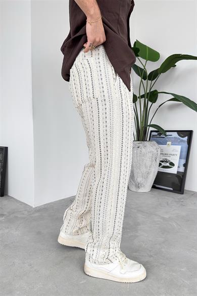 Krem Bohem Şerit Detay Baggy Pantolon