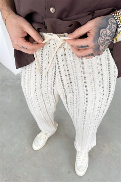 Krem Bohem Şerit Detay Baggy Pantolon