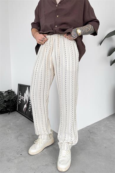 Krem Bohem Şerit Detay Baggy Pantolon