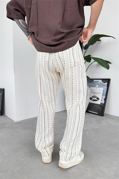 Krem Bohem Şerit Detay Baggy Pantolon