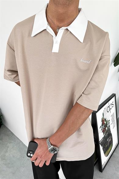 Krem Bound Polo Yaka OUTPLENTY PREMİUM Oversize Tişört