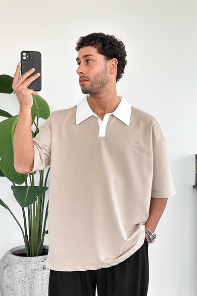 Krem Bound Polo Yaka OUTPLENTY PREMİUM Oversize Tişört