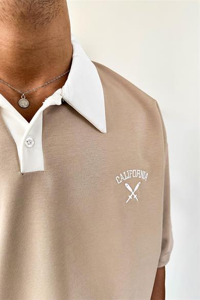 Krem California Polo Yaka OUTPLENTY PREMİUM Oversize Tişört