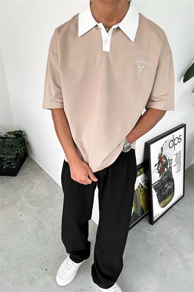 Krem California Polo Yaka OUTPLENTY PREMİUM Oversize Tişört