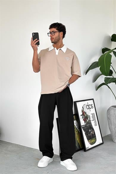 Krem California Polo Yaka OUTPLENTY PREMİUM Oversize Tişört