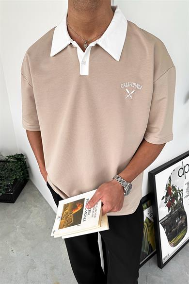 Krem California Polo Yaka OUTPLENTY PREMİUM Oversize Tişört
