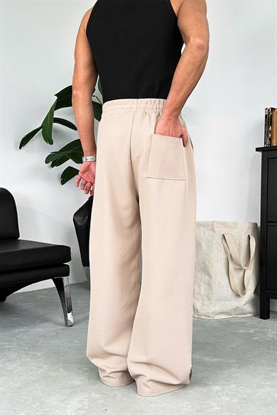 Krem Çimalı Beli Lastikli Baggy Kumaş Pantolon
