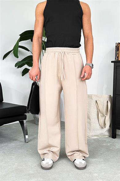 Krem Çimalı Beli Lastikli Baggy Kumaş Pantolon