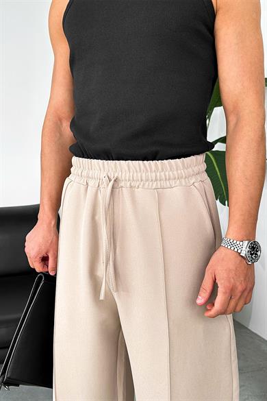 Krem Çimalı Beli Lastikli Baggy Kumaş Pantolon