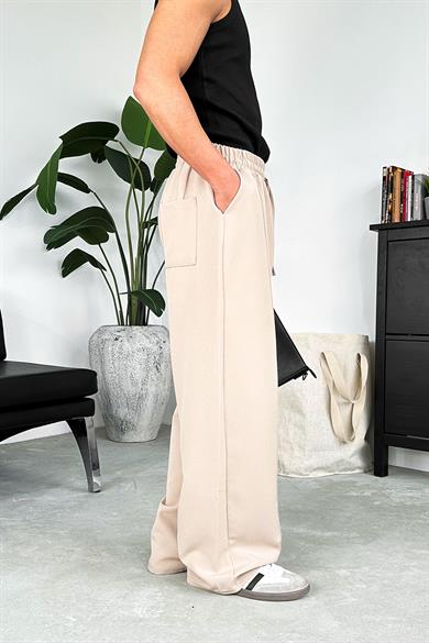 Krem Çimalı Beli Lastikli Baggy Kumaş Pantolon