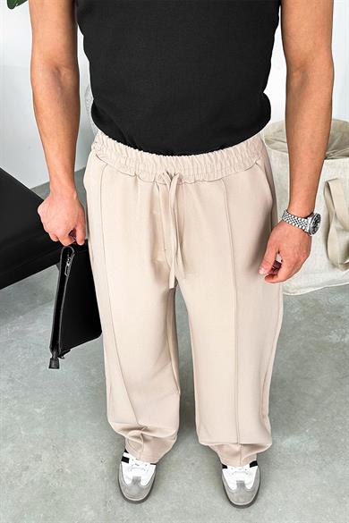 Krem Çimalı Beli Lastikli Baggy Kumaş Pantolon