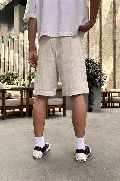 Krem Çizgi Doku Detaylı 10 Keten GO Relaxed Fit Şort