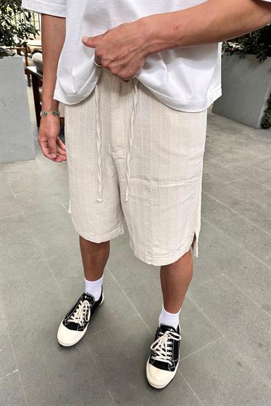 Krem Çizgi Doku Detaylı 10 Keten GO Relaxed Fit Şort