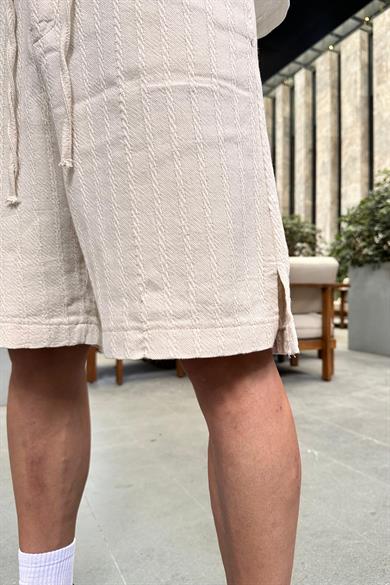 Krem Çizgi Doku Detaylı 10 Keten GO Relaxed Fit Şort