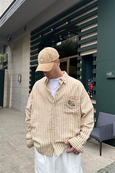 Krem Çizgili Ön Cep Flower Nakış Detay GO Oversize Gömlek