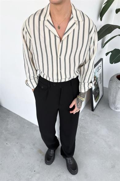 Krem Çizgili Premium Relaxed Gömlek