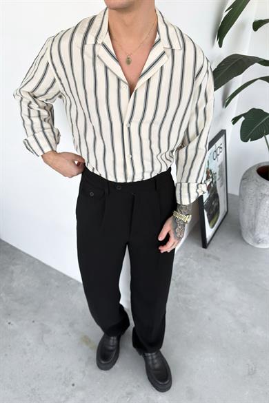 Krem Çizgili Premium Relaxed Gömlek