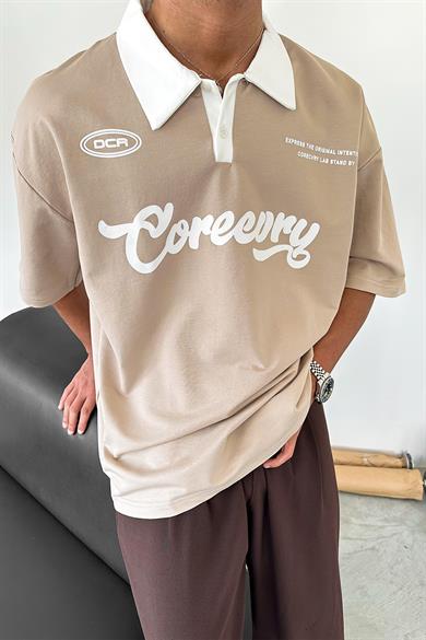 Krem Coreev Polo Yaka OUTPLENTY PREMİUM Oversize Tişört
