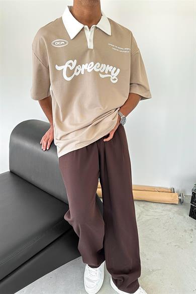 Krem Coreev Polo Yaka OUTPLENTY PREMİUM Oversize Tişört