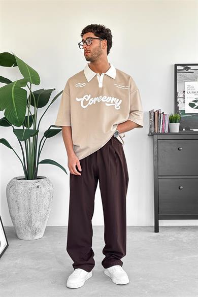 Krem Coreev Polo Yaka OUTPLENTY PREMİUM Oversize Tişört
