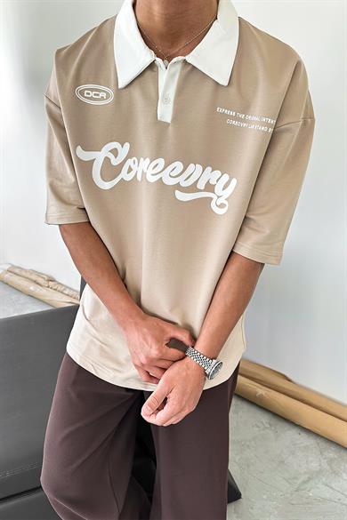 Krem Coreev Polo Yaka OUTPLENTY PREMİUM Oversize Tişört