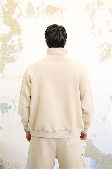 Krem Cozy Basic Çift Fermuar Oversize Sweatshirt