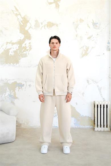Krem Cozy Basic Çift Fermuar Oversize Sweatshirt