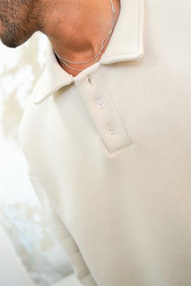 Krem Cozy Basic Oversize Polo Yaka Sweatshirt