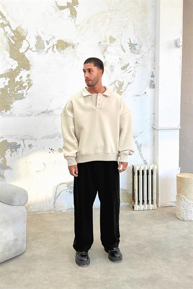 Krem Cozy Basic Oversize Polo Yaka Sweatshirt