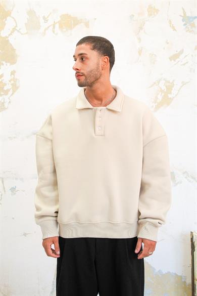 Krem Cozy Basic Oversize Polo Yaka Sweatshirt