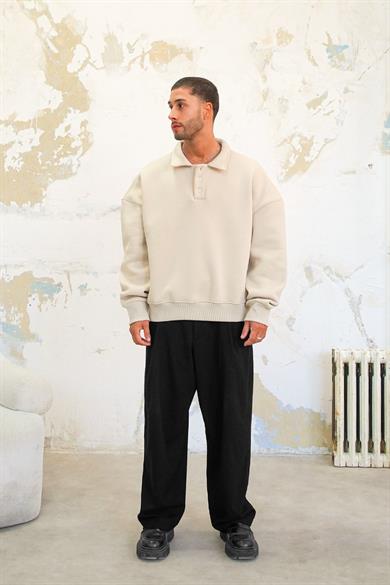 Krem Cozy Basic Oversize Polo Yaka Sweatshirt
