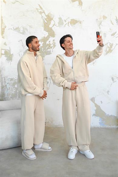 Krem Cozy Basic Tam Fermuar Oversize Sweatshirt