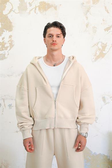 Krem Cozy Basic Tam Fermuar Oversize Sweatshirt