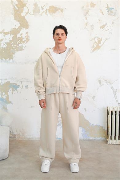 Krem Cozy Basic Tam Fermuar Oversize Sweatshirt