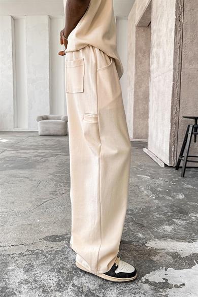 Krem Cozy Premium Pileli Baggy Eşofman