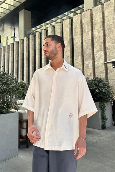 Krem Deniz Atı Nakış Detay BS Oversize Gömlek