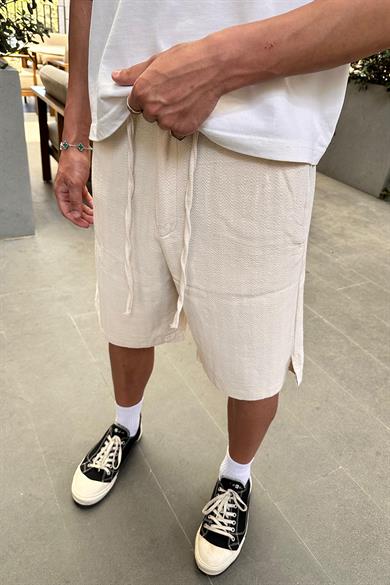 Krem Desenli Dokulu 12 Keten GO Relaxed Fit Şort