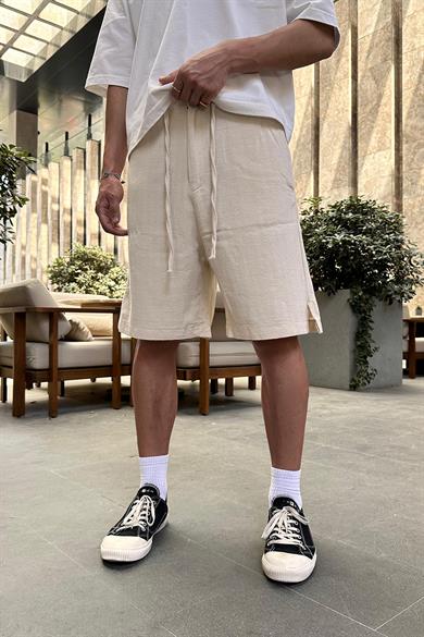 Krem Desenli Dokulu 12 Keten GO Relaxed Fit Şort